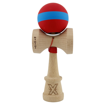 Kendama X Originala, Profesionala, Flippy, Cupe Mari KING SIZE V3, Rubber Grip, Gaura in Baza, Rulment Metalic, din lemn 18 cm, Ata 62/65 cm, M Bicolor Rosu/Albastru [1]