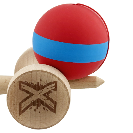 Kendama X Originala, Profesionala, Flippy, Cupe Mari KING SIZE V3, Rubber Grip, Gaura in Baza, Rulment Metalic, din lemn 18 cm, Ata 62/65 cm, M Bicolor Rosu/Albastru [7]