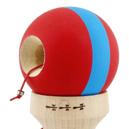 Kendama X Originala, Profesionala, Flippy, Cupe Mari KING SIZE V3, Rubber Grip, Gaura in Baza, Rulment Metalic, din lemn 18 cm, Ata 62/65 cm, M Bicolor Rosu/Albastru [5]