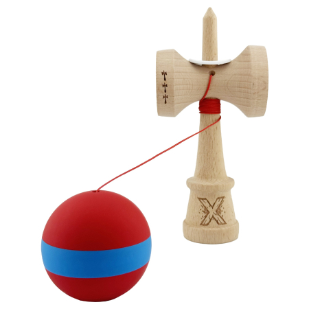 Kendama X Originala, Profesionala, Flippy, Cupe Mari KING SIZE V3, Rubber Grip, Gaura in Baza, Rulment Metalic, din lemn 18 cm, Ata 62/65 cm, M Bicolor Rosu/Albastru [3]