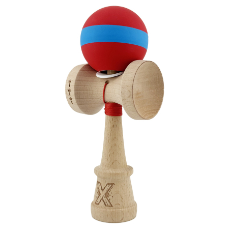 Kendama X Originala, Profesionala, Flippy, Cupe Mari KING SIZE V3, Rubber Grip, Gaura in Baza, Rulment Metalic, din lemn 18 cm, Ata 62/65 cm, M Bicolor Rosu/Albastru [2]