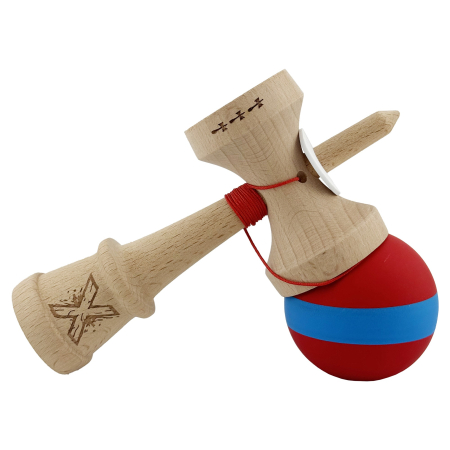 Kendama X Originala, Profesionala, Flippy, Cupe Mari KING SIZE V3, Rubber Grip, Gaura in Baza, Rulment Metalic, din lemn 18 cm, Ata 62/65 cm, M Bicolor Rosu/Albastru [4]