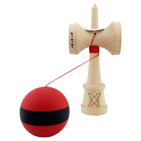 Kendama X Originala, Profesionala, Flippy, Cupe Mari KING SIZE V3, Rubber Grip, Gaura in Baza, Rulment Metalic, din lemn 18 cm, Ata 62/65 cm, M Bicolor Rosu Dublu/Negru [3]