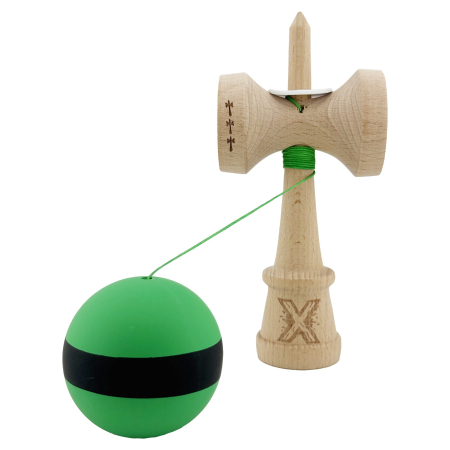 Kendama X Originala, Profesionala, Flippy, Cupe Mari KING SIZE V3, Rubber Grip, Gaura in Baza, Rulment Metalic, din lemn 18 cm, Ata 62/65 cm, M Bicolor Verde Dublu/Negru [3]