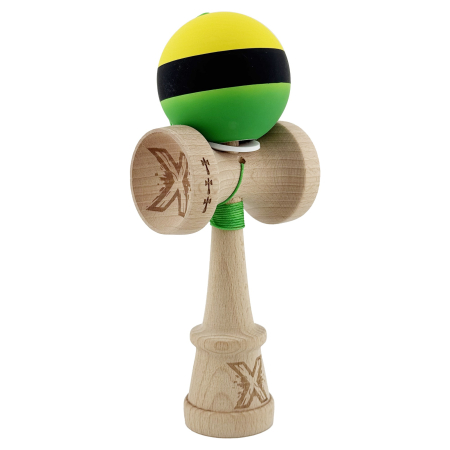 Kendama - Kendama X Originala, Profesionala, Flippy, Cupe Mari KING SIZE V3, Rubber Grip, Gaura in Baza, Rulment Metalic, din lemn 18 cm, Ata 62/65 cm, M Galben/Negru/Verde