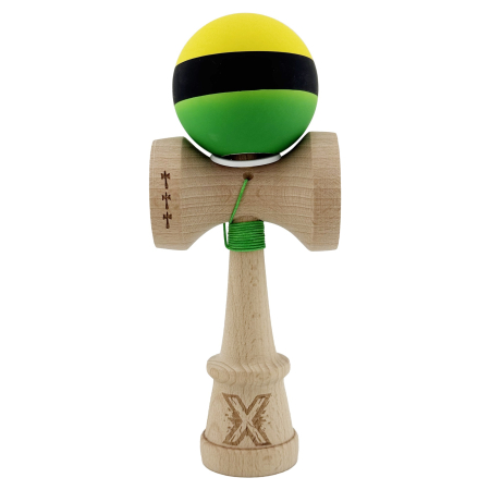 Kendama X Originala, Profesionala, Flippy, Cupe Mari KING SIZE V3, Rubber Grip, Gaura in Baza, Rulment Metalic, din lemn 18 cm, Ata 62/65 cm, M Galben/Negru/Verde [1]