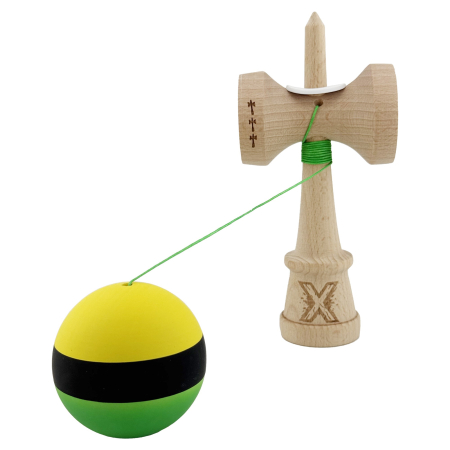 Kendama X Originala, Profesionala, Flippy, Cupe Mari KING SIZE V3, Rubber Grip, Gaura in Baza, Rulment Metalic, din lemn 18 cm, Ata 62/65 cm, M Galben/Negru/Verde [3]