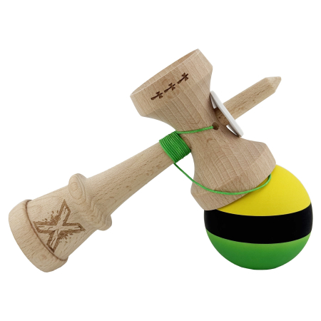 Kendama X Originala, Profesionala, Flippy, Cupe Mari KING SIZE V3, Rubber Grip, Gaura in Baza, Rulment Metalic, din lemn 18 cm, Ata 62/65 cm, M Galben/Negru/Verde [4]