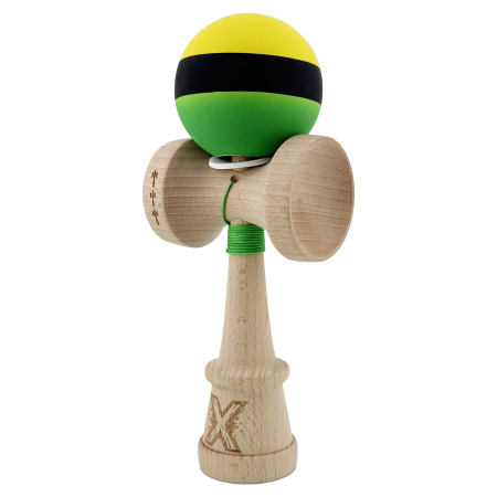 Kendama X Originala, Profesionala, Flippy, Cupe Mari KING SIZE V3, Rubber Grip, Gaura in Baza, Rulment Metalic, din lemn 18 cm, Ata 62/65 cm, M Galben/Negru/Verde [2]