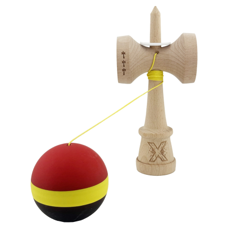 Kendama X Originala, Profesionala, Flippy, Cupe Mari KING SIZE V3, Rubber Grip, Gaura in Baza, Rulment Metalic, din lemn 18 cm, Ata 62/65 cm, M Rosu/Galben/Negru [3]