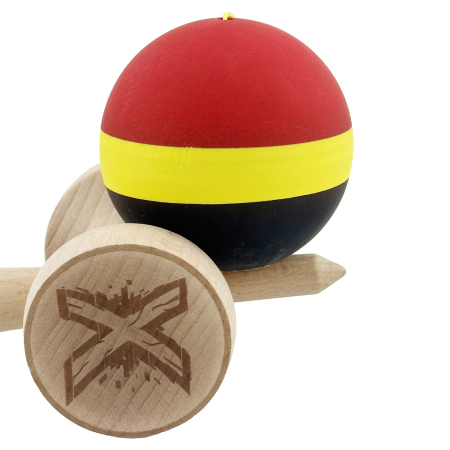 Kendama X Originala, Profesionala, Flippy, Cupe Mari KING SIZE V3, Rubber Grip, Gaura in Baza, Rulment Metalic, din lemn 18 cm, Ata 62/65 cm, M Rosu/Galben/Negru [8]