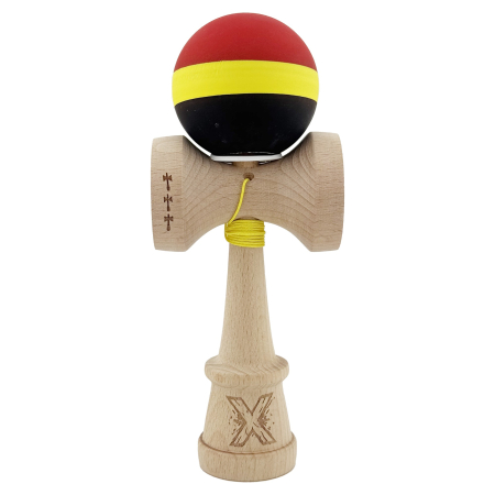 Kendama X Originala, Profesionala, Flippy, Cupe Mari KING SIZE V3, Rubber Grip, Gaura in Baza, Rulment Metalic, din lemn 18 cm, Ata 62/65 cm, M Rosu/Galben/Negru [1]