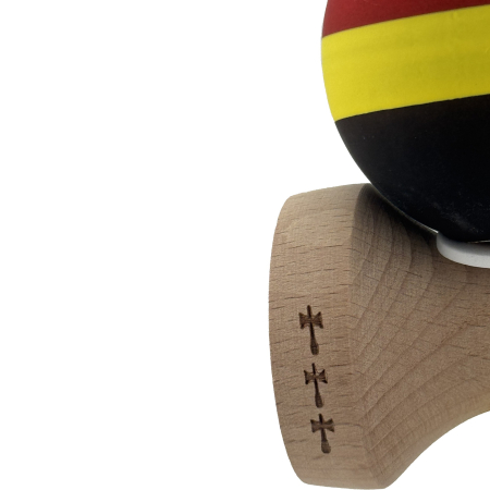 Kendama X Originala, Profesionala, Flippy, Cupe Mari KING SIZE V3, Rubber Grip, Gaura in Baza, Rulment Metalic, din lemn 18 cm, Ata 62/65 cm, M Rosu/Galben/Negru [7]