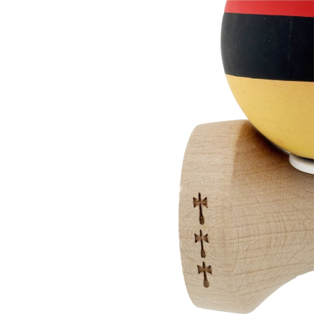 Kendama X Originala, Profesionala, Flippy, Cupe Mari KING SIZE V3, Rubber Grip, Gaura in Baza, Rulment Metalic, din lemn 18 cm, Ata 62/65 cm, M Rosu/Negru/Galben [7]