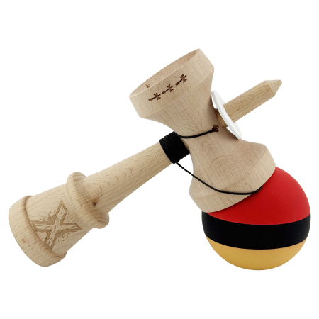 Kendama X Originala, Profesionala, Flippy, Cupe Mari KING SIZE V3, Rubber Grip, Gaura in Baza, Rulment Metalic, din lemn 18 cm, Ata 62/65 cm, M Rosu/Negru/Galben [4]