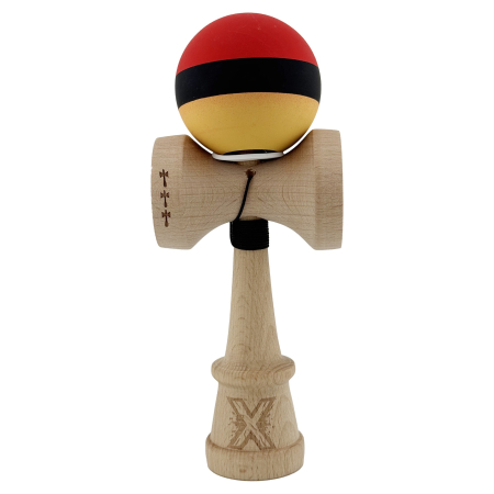 Kendama X Originala, Profesionala, Flippy, Cupe Mari KING SIZE V3, Rubber Grip, Gaura in Baza, Rulment Metalic, din lemn 18 cm, Ata 62/65 cm, M Rosu/Negru/Galben [1]