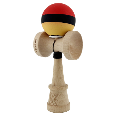 Kendama X Originala, Profesionala, Flippy, Cupe Mari KING SIZE V3, Rubber Grip, Gaura in Baza, Rulment Metalic, din lemn 18 cm, Ata 62/65 cm, M Rosu/Negru/Galben [2]