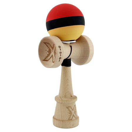 Kendama - Kendama X Originala, Profesionala, Flippy, Cupe Mari KING SIZE V3, Rubber Grip, Gaura in Baza, Rulment Metalic, din lemn 18 cm, Ata 62/65 cm, M Rosu/Negru/Galben