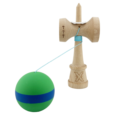Kendama X Originala, Profesionala, Flippy, Cupe Mari KING SIZE V3, Rubber Grip, Gaura in Baza, Rulment Metalic, din lemn 18 cm, Ata 62/65 cm, M Verde/Albastru/Verde [3]