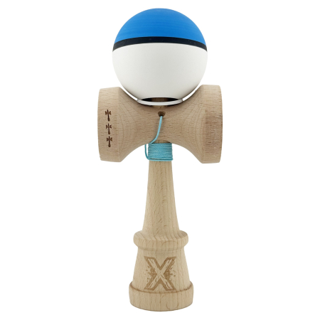 Kendama X Originala, Profesionala, Flippy, Cupe Mari KING SIZE V3, Rubber Grip, Gaura in Baza, Rulment Metalic, din lemn 18 cm, Ata 62/65 cm, S Bicolor Albastru/Alb [1]