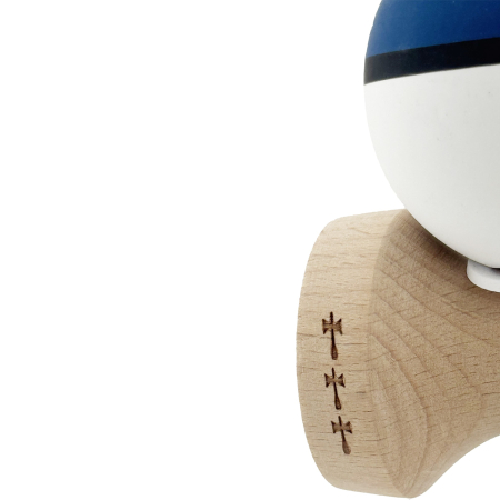 Kendama X Originala, Profesionala, Flippy, Cupe Mari KING SIZE V3, Rubber Grip, Gaura in Baza, Rulment Metalic, din lemn 18 cm, Ata 62/65 cm, S Bicolor Albastru inchis/Alb [7]