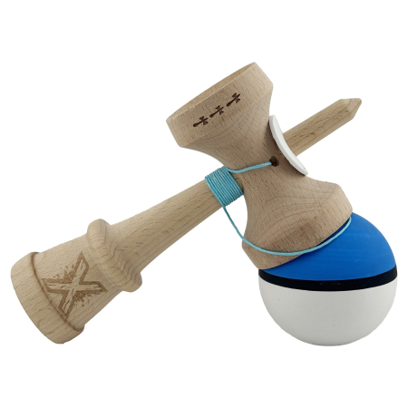 Kendama X Originala, Profesionala, Flippy, Cupe Mari KING SIZE V3, Rubber Grip, Gaura in Baza, Rulment Metalic, din lemn 18 cm, Ata 62/65 cm, S Bicolor Albastru/Alb [4]