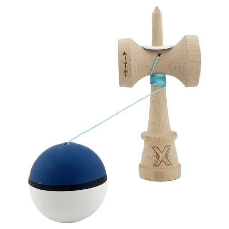 Kendama X Originala, Profesionala, Flippy, Cupe Mari KING SIZE V3, Rubber Grip, Gaura in Baza, Rulment Metalic, din lemn 18 cm, Ata 62/65 cm, S Bicolor Albastru inchis/Alb [3]