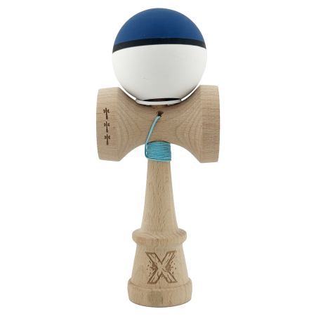 Kendama X Originala, Profesionala, Flippy, Cupe Mari KING SIZE V3, Rubber Grip, Gaura in Baza, Rulment Metalic, din lemn 18 cm, Ata 62/65 cm, S Bicolor Albastru inchis/Alb [1]