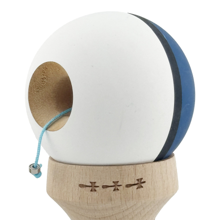 Kendama X Originala, Profesionala, Flippy, Cupe Mari KING SIZE V3, Rubber Grip, Gaura in Baza, Rulment Metalic, din lemn 18 cm, Ata 62/65 cm, S Bicolor Albastru inchis/Alb [6]