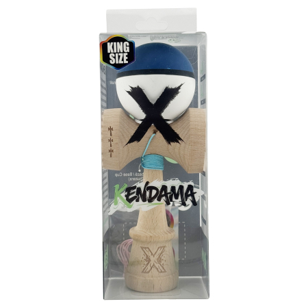 Kendama X Originala, Profesionala, Flippy, Cupe Mari KING SIZE V3, Rubber Grip, Gaura in Baza, Rulment Metalic, din lemn 18 cm, Ata 62/65 cm, S Bicolor Albastru inchis/Alb [5]