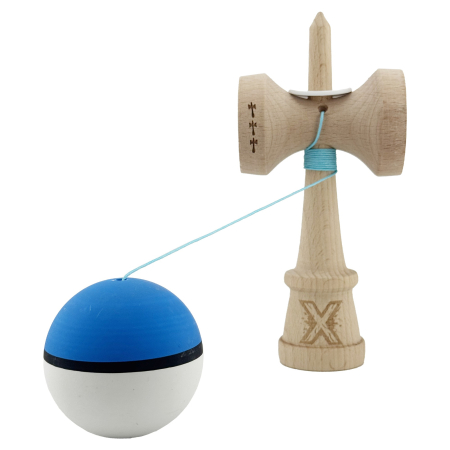 Kendama X Originala, Profesionala, Flippy, Cupe Mari KING SIZE V3, Rubber Grip, Gaura in Baza, Rulment Metalic, din lemn 18 cm, Ata 62/65 cm, S Bicolor Albastru/Alb [3]