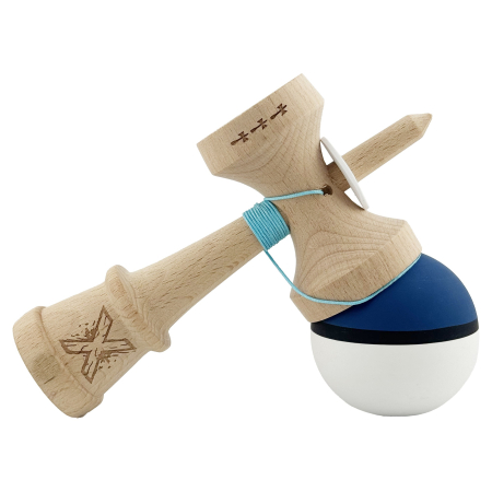 Kendama X Originala, Profesionala, Flippy, Cupe Mari KING SIZE V3, Rubber Grip, Gaura in Baza, Rulment Metalic, din lemn 18 cm, Ata 62/65 cm, S Bicolor Albastru inchis/Alb [4]