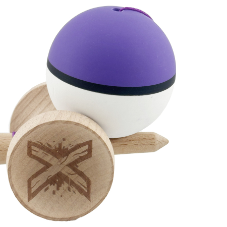 Kendama X Originala, Profesionala, Flippy, Cupe Mari KING SIZE V3, Rubber Grip, Gaura in Baza, Rulment Metalic, din lemn 18 cm, Ata 62/65 cm, S Bicolor Mov/Alb [7]