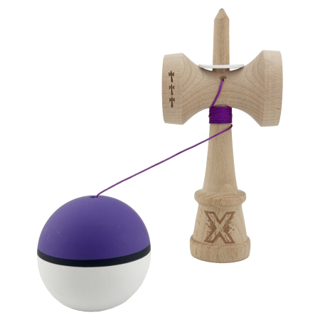 Kendama X Originala, Profesionala, Flippy, Cupe Mari KING SIZE V3, Rubber Grip, Gaura in Baza, Rulment Metalic, din lemn 18 cm, Ata 62/65 cm, S Bicolor Mov/Alb [3]