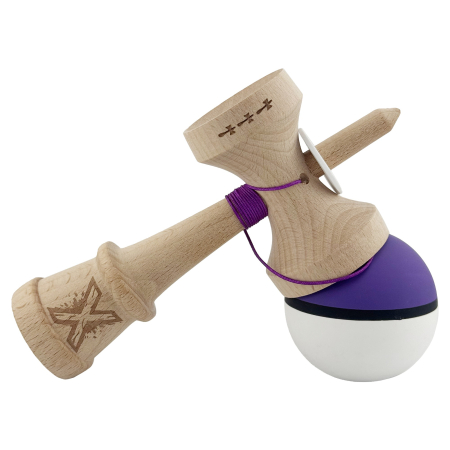 Kendama X Originala, Profesionala, Flippy, Cupe Mari KING SIZE V3, Rubber Grip, Gaura in Baza, Rulment Metalic, din lemn 18 cm, Ata 62/65 cm, S Bicolor Mov/Alb [9]