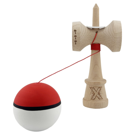 Kendama X Originala, Profesionala, Flippy, Cupe Mari KING SIZE V3, Rubber Grip, Gaura in Baza, Rulment Metalic, din lemn 18 cm, Ata 62/65 cm, S Bicolor Rosu/Alb [3]