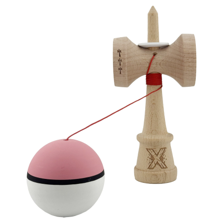 Kendama X Originala, Profesionala, Flippy, Cupe Mari KING SIZE V3, Rubber Grip, Gaura in Baza, Rulment Metalic, din lemn 18 cm, Ata 62/65 cm, S Bicolor Roz/Alb [3]