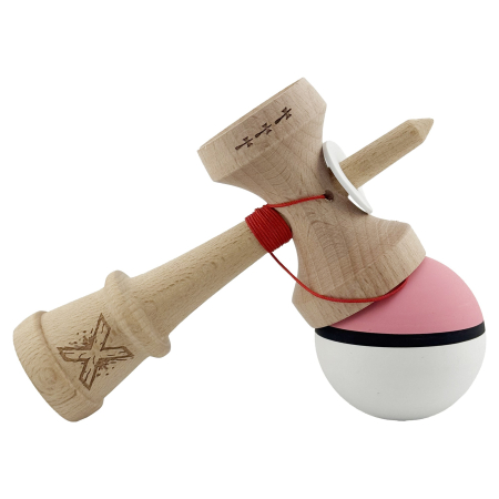 Kendama X Originala, Profesionala, Flippy, Cupe Mari KING SIZE V3, Rubber Grip, Gaura in Baza, Rulment Metalic, din lemn 18 cm, Ata 62/65 cm, S Bicolor Roz/Alb [4]