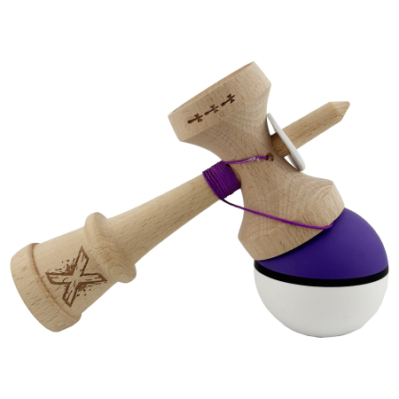 Kendama X Originala, Profesionala, Flippy, Cupe Mari KING SIZE V3, Rubber Grip, Gaura in Baza, Rulment Metalic, din lemn 18 cm, Ata 62/65 cm, S Bicolor Violet/Alb [4]