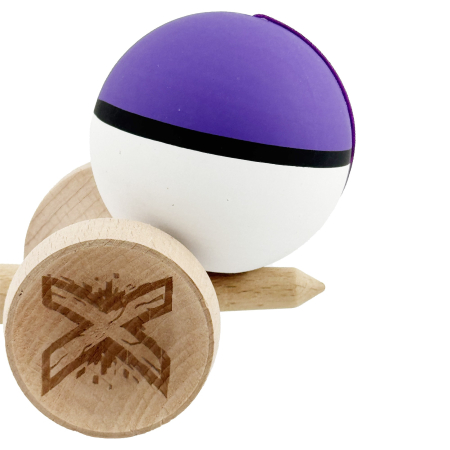 Kendama X Originala, Profesionala, Flippy, Cupe Mari KING SIZE V3, Rubber Grip, Gaura in Baza, Rulment Metalic, din lemn 18 cm, Ata 62/65 cm, S Bicolor Violet/Alb [8]