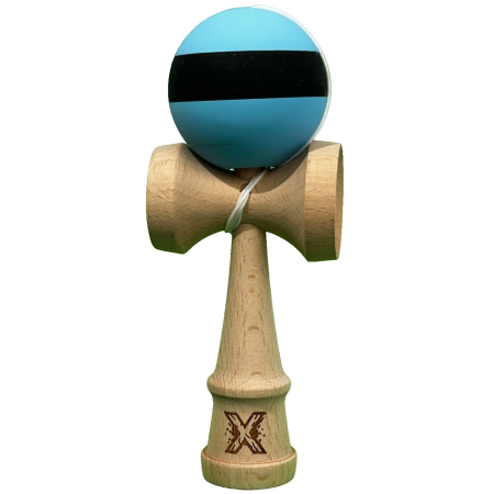 Kendama - Kendama X Originala, Profesionala, Flippy, din Lemn, 18 cm, Rubber Grip, Dungi Albastru/Negru