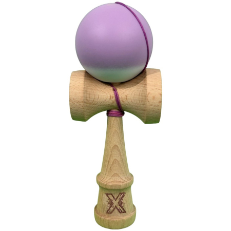 Sub 99 Lei - Kendama X Originala, Profesionala, Flippy, din Lemn cu Bila Cauciucata, 18 x 6 x 7 cm, Gradient Mov/Alb