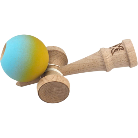 Kendama X Originala, Profesionala, Flippy, din Lemn, Rubber Grip, 18 cm, Galben/Albastru [3]