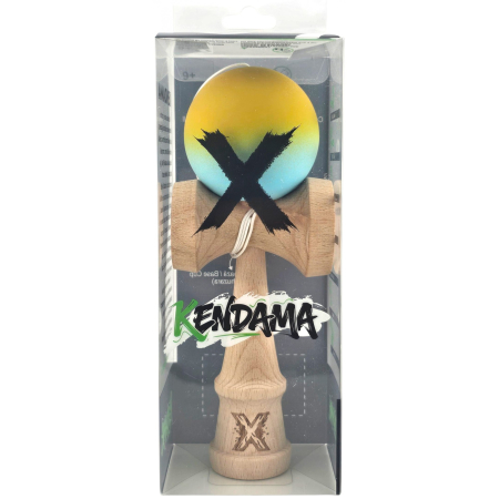 Kendama X Originala, Profesionala, Flippy, din Lemn, Rubber Grip, 18 cm, Galben/Albastru [4]