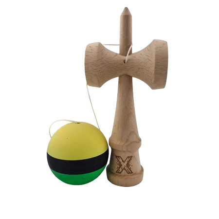Kendama X Originala, Profesionala, Flippy, din Lemn, Rubber Grip, 18 cm, Galben/Negru/Verde [2]