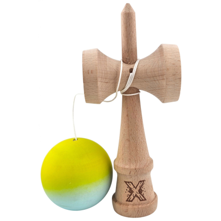 Kendama X Originala, Profesionala, Flippy, din Lemn, Rubber Grip, 18 cm, Galben Verde [3]