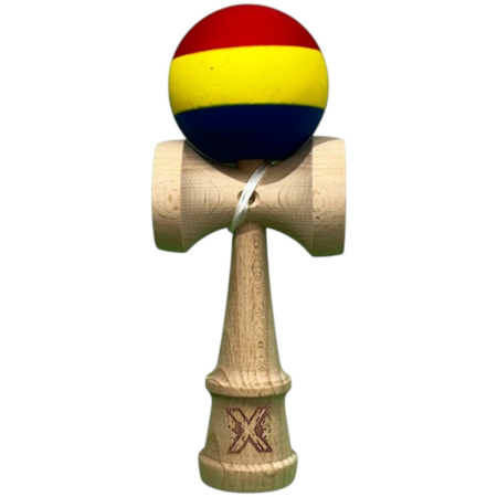 Kendama - Kendama X Originala, Profesionala, Flippy, din Lemn, Rubber Grip, 18 cm, Rosu/Galben/Albastru