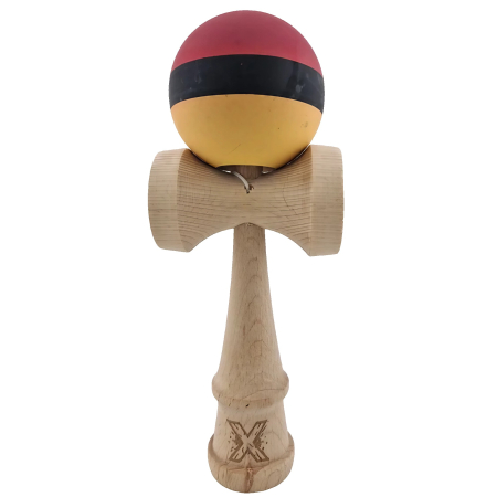 Kendama X Originala, Profesionala, Flippy, din Lemn, Rubber Grip, 18 cm, Rosu/Negru/Galben [1]