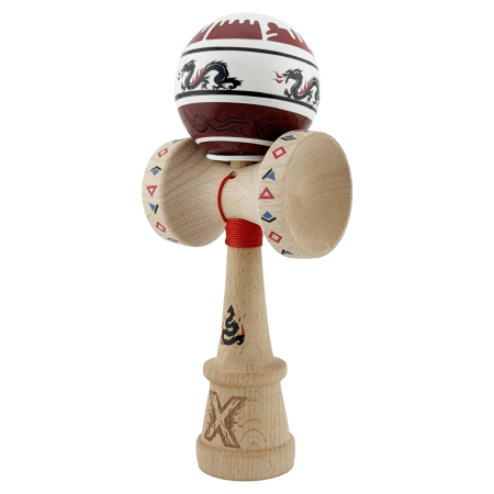 Kendama X Originala, Profesionala, Flippy, DRAGON Series, Super Sticky cu Cupe Mari King Size V3, Rulment Metalic si Gaura in Baza, din Lemn 18 cm, Ata 62/65 cm, Alb/Rosu inchis [2]