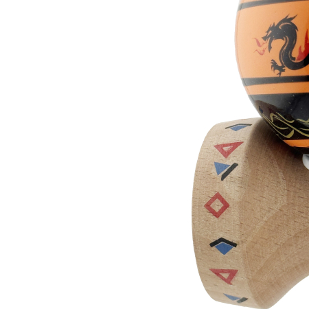 Kendama X Originala, Profesionala, Flippy, DRAGON Series, Super Sticky cu Cupe Mari King Size V3, Rulment Metalic si Gaura in Baza, din Lemn 18 cm, Ata 62/65 cm, Portocaliu/Negru [7]
